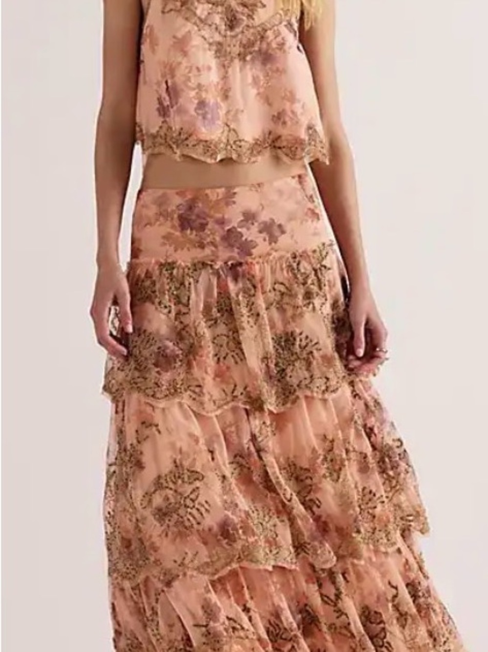 Free People Peach Floral Tiered Maxi Skirt